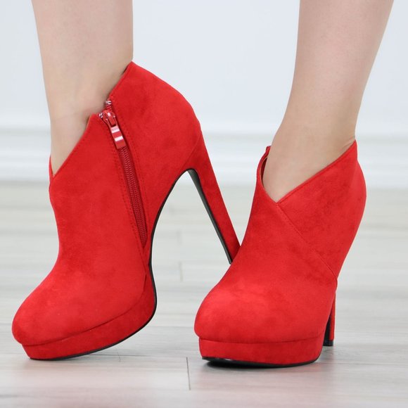 Red Platform Ankle Boots High Heel Stilettos Faux Suede - Picture 10 of 12